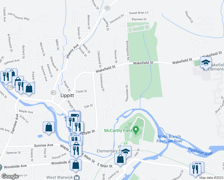 map of restaurants, bars, coffee shops, grocery stores, and more near 21 Saddlebrook Drive in West Warwick