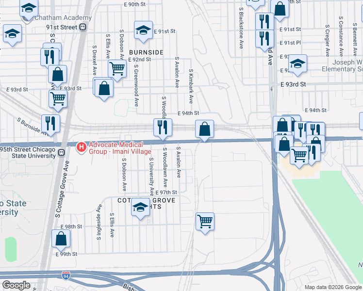 map of restaurants, bars, coffee shops, grocery stores, and more near 1214 East 95th Street in Chicago