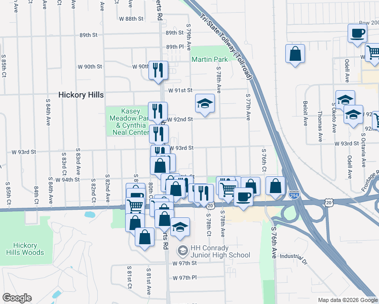 map of restaurants, bars, coffee shops, grocery stores, and more near 7900 West 93rd Street in Oak Lawn