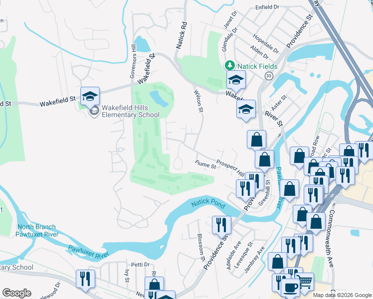 map of restaurants, bars, coffee shops, grocery stores, and more near 128 Prospect Hill Avenue in West Warwick