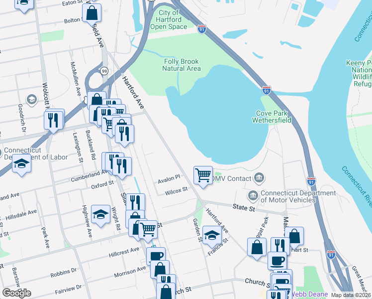map of restaurants, bars, coffee shops, grocery stores, and more near 332 Hartford Avenue in Wethersfield