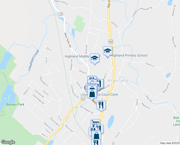 map of restaurants, bars, coffee shops, grocery stores, and more near 61 Main Street in Highland