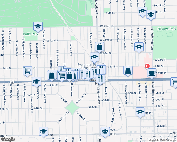map of restaurants, bars, coffee shops, grocery stores, and more near 9400 South Sawyer Avenue in Evergreen Park