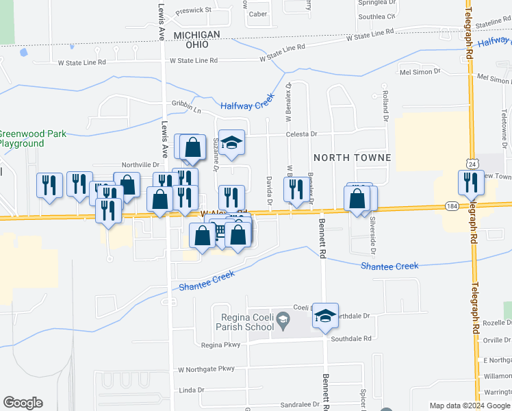 map of restaurants, bars, coffee shops, grocery stores, and more near 720 West Alexis Road in Toledo