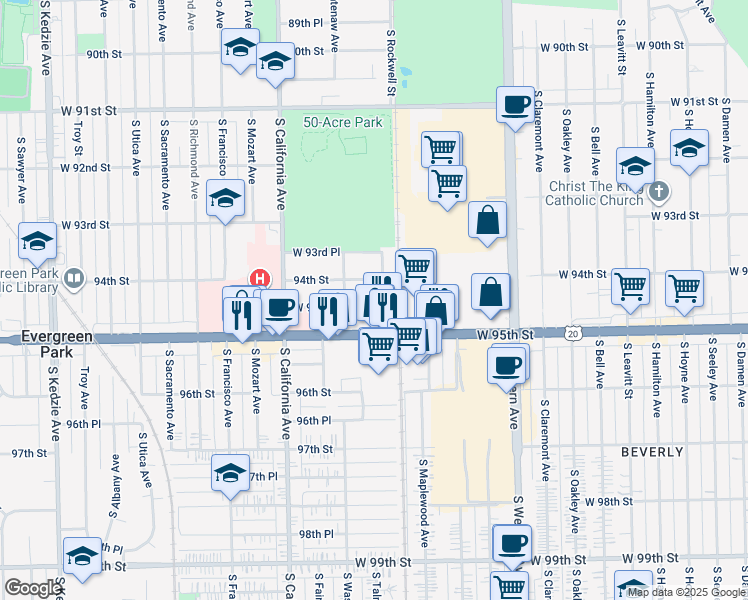 map of restaurants, bars, coffee shops, grocery stores, and more near 2628 West 94th Place in Evergreen Park
