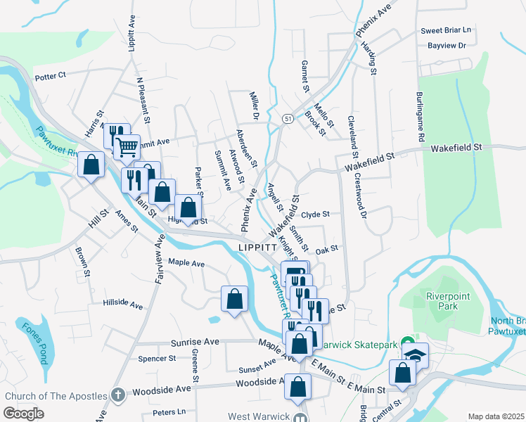 map of restaurants, bars, coffee shops, grocery stores, and more near 23 Bettez Street in West Warwick