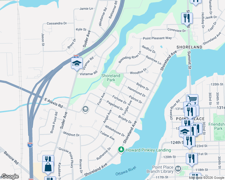 map of restaurants, bars, coffee shops, grocery stores, and more near 5434 Patriot Drive in Toledo