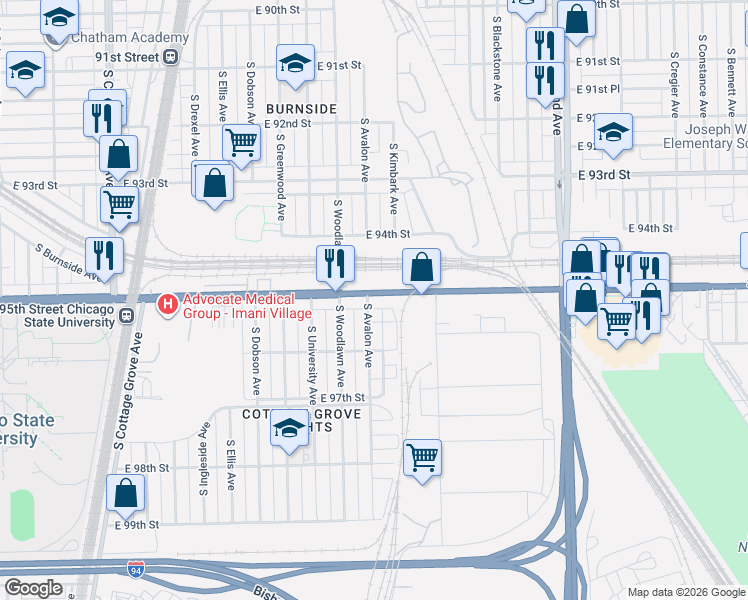 map of restaurants, bars, coffee shops, grocery stores, and more near 1214 East 95th Street in Chicago