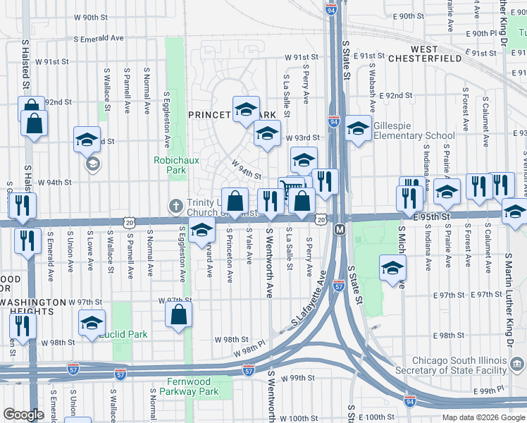 map of restaurants, bars, coffee shops, grocery stores, and more near 9433 South Wentworth Avenue in Chicago