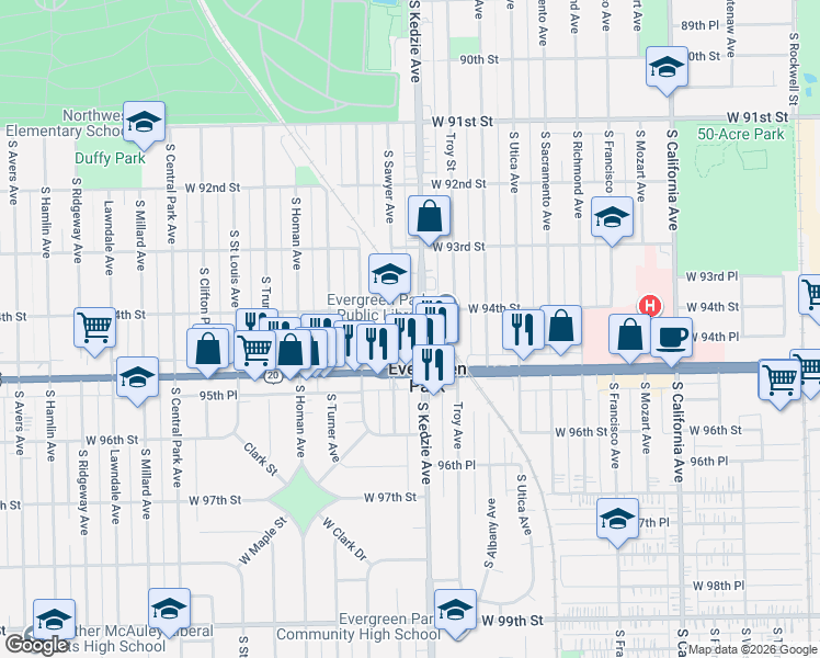 map of restaurants, bars, coffee shops, grocery stores, and more near in Evergreen Park