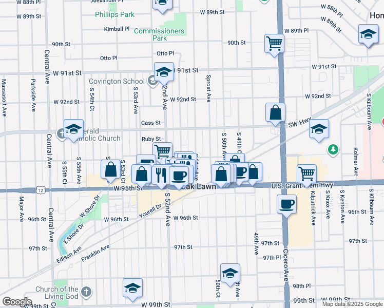 map of restaurants, bars, coffee shops, grocery stores, and more near 9330 South 51st Avenue in Oak Lawn