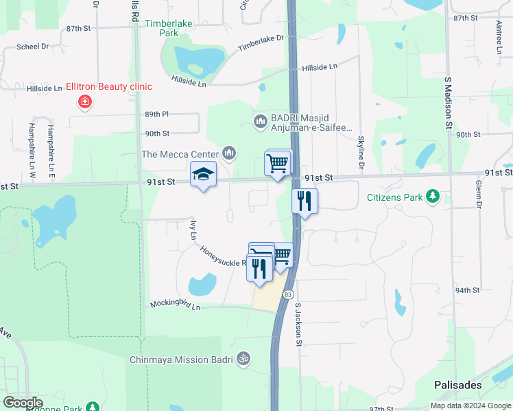 map of restaurants, bars, coffee shops, grocery stores, and more near 10S420 Carrington Circle in Burr Ridge