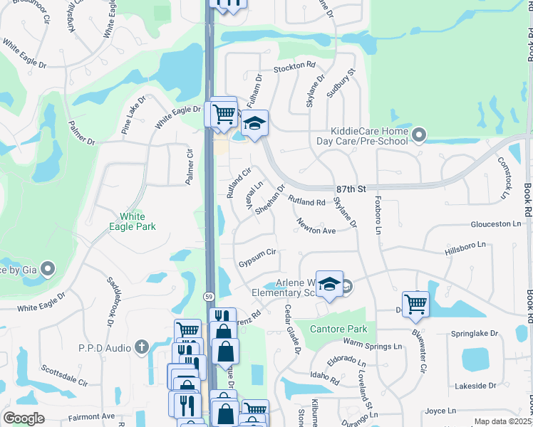 map of restaurants, bars, coffee shops, grocery stores, and more near 2315 Sheehan Drive in Naperville
