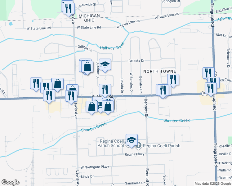 map of restaurants, bars, coffee shops, grocery stores, and more near 5825 Davida Drive in Toledo