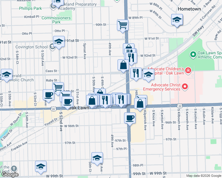 map of restaurants, bars, coffee shops, grocery stores, and more near 9331 South 49th Court in Oak Lawn