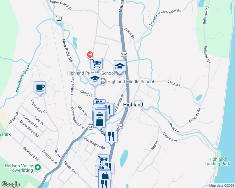 map of restaurants, bars, coffee shops, grocery stores, and more near 18 Hillside Place in Highland