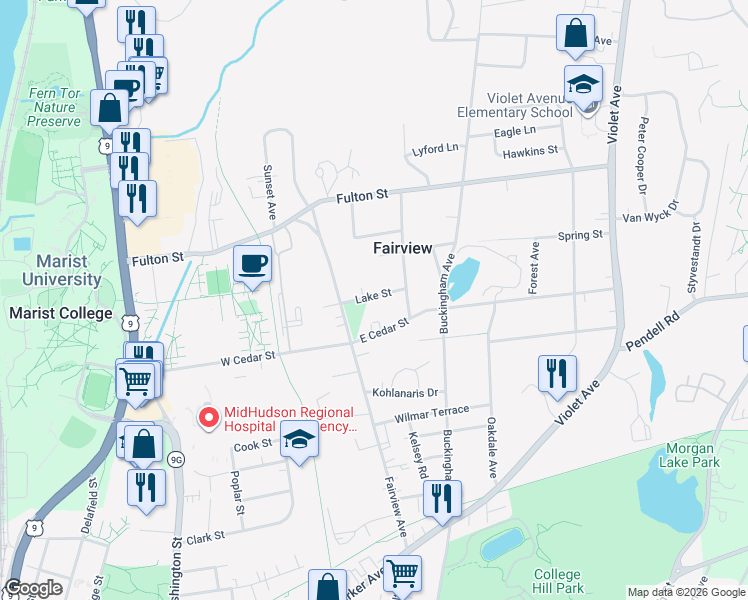 map of restaurants, bars, coffee shops, grocery stores, and more near 38 Lake Street in Poughkeepsie