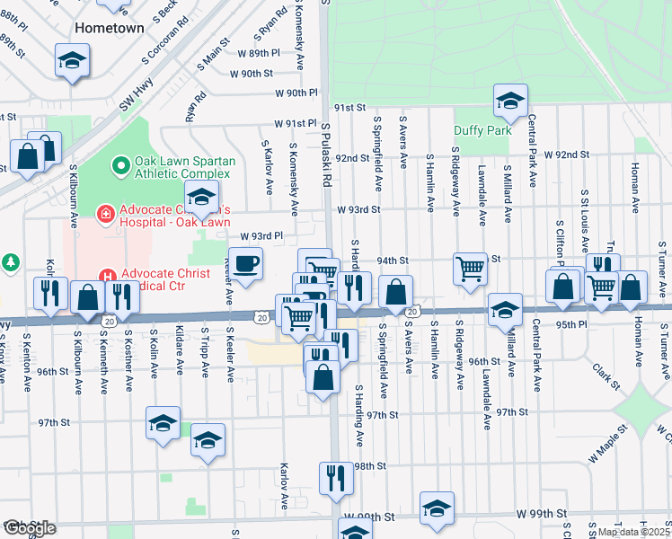 map of restaurants, bars, coffee shops, grocery stores, and more near in Oak Lawn