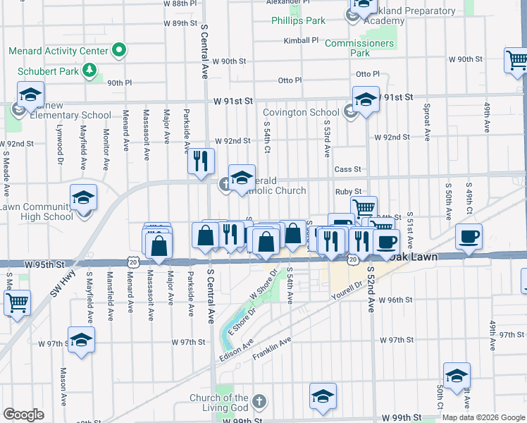 map of restaurants, bars, coffee shops, grocery stores, and more near 9325 South 55th Avenue in Oak Lawn