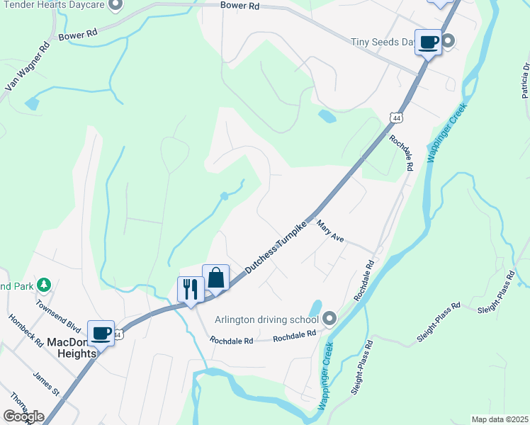 map of restaurants, bars, coffee shops, grocery stores, and more near 8 Hart Drive in Poughkeepsie