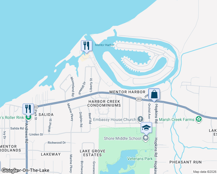 map of restaurants, bars, coffee shops, grocery stores, and more near 5459 Coronada Drive in Mentor-on-the-Lake