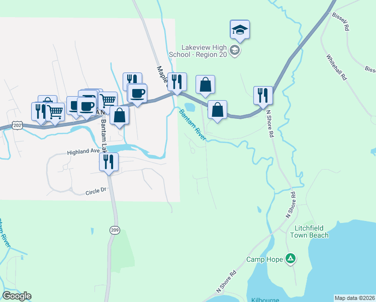 map of restaurants, bars, coffee shops, grocery stores, and more near 18 Seminole Circle in Litchfield