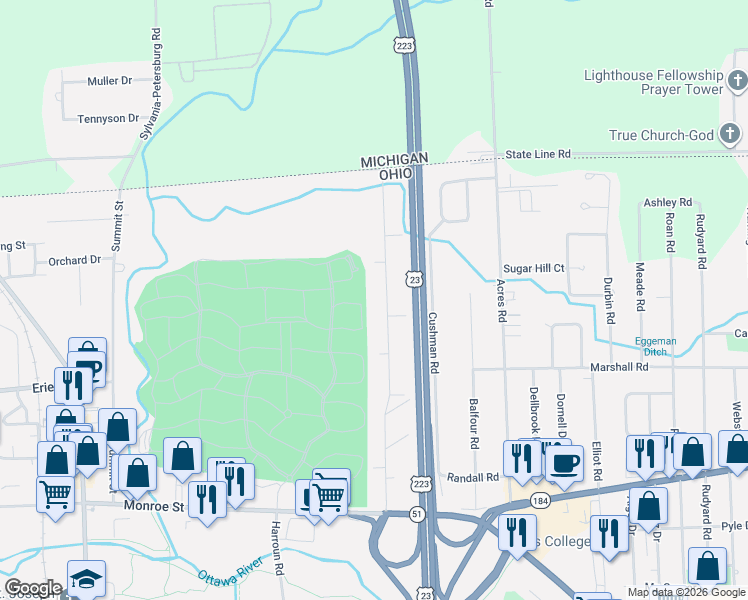 map of restaurants, bars, coffee shops, grocery stores, and more near 6382 Monroe Street in Sylvania
