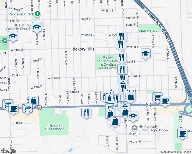 map of restaurants, bars, coffee shops, grocery stores, and more near 82nd Avenue in Cook