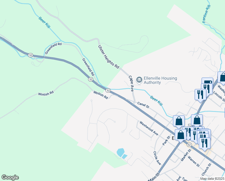 map of restaurants, bars, coffee shops, grocery stores, and more near 2 Canal Street in Ellenville