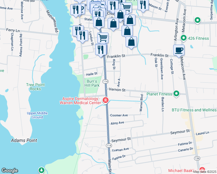 map of restaurants, bars, coffee shops, grocery stores, and more near 785 Main Street in Warren