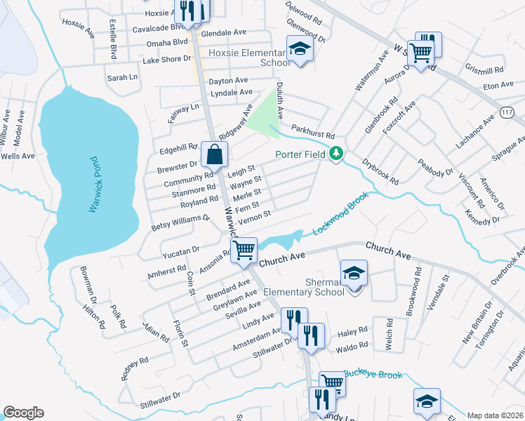 map of restaurants, bars, coffee shops, grocery stores, and more near 70 Fern Street in Warwick