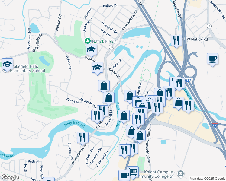 map of restaurants, bars, coffee shops, grocery stores, and more near 17 River Street in West Warwick
