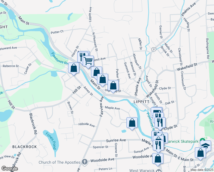 map of restaurants, bars, coffee shops, grocery stores, and more near 21 Pleasant Street in West Warwick