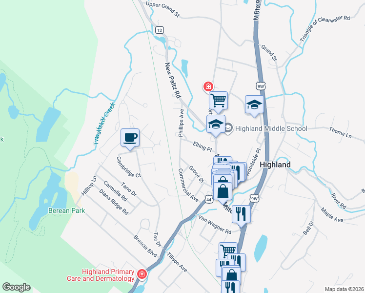 map of restaurants, bars, coffee shops, grocery stores, and more near 20 Elting Place in Highland