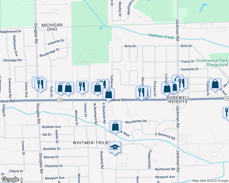 map of restaurants, bars, coffee shops, grocery stores, and more near 5837 Tetherwood Drive in Toledo