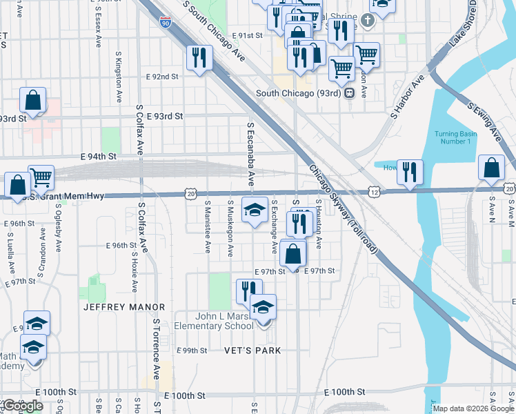 map of restaurants, bars, coffee shops, grocery stores, and more near 2905 East 95th Street in Chicago