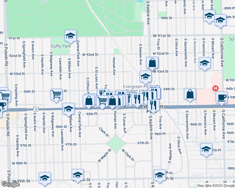 map of restaurants, bars, coffee shops, grocery stores, and more near 9345 South Homan Avenue in Evergreen Park