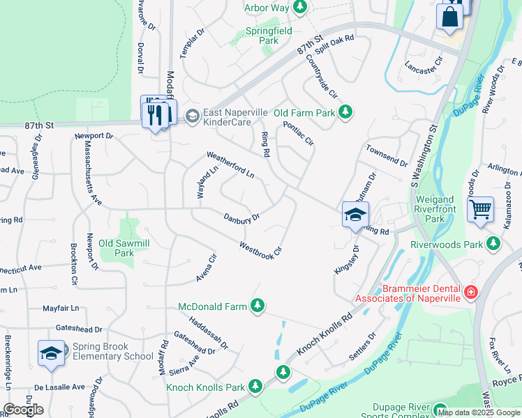 map of restaurants, bars, coffee shops, grocery stores, and more near 2334 Woodview Lane in Naperville