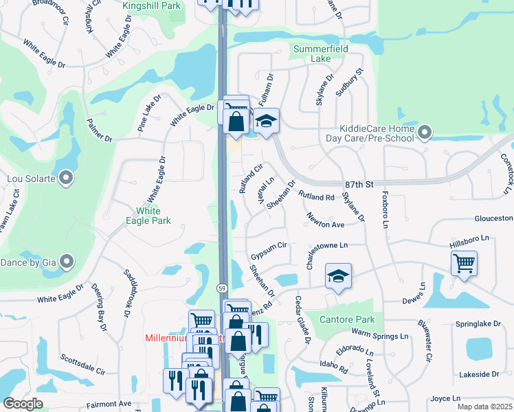 map of restaurants, bars, coffee shops, grocery stores, and more near 2934 Rutland Circle in Naperville