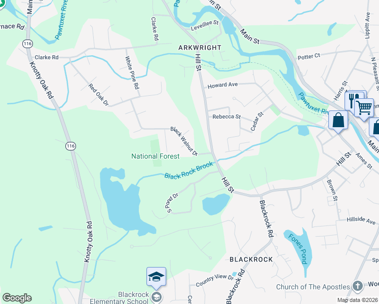 map of restaurants, bars, coffee shops, grocery stores, and more near 35 Black Walnut Drive in Coventry