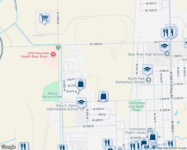 map of restaurants, bars, coffee shops, grocery stores, and more near 872 760 North in Tremonton