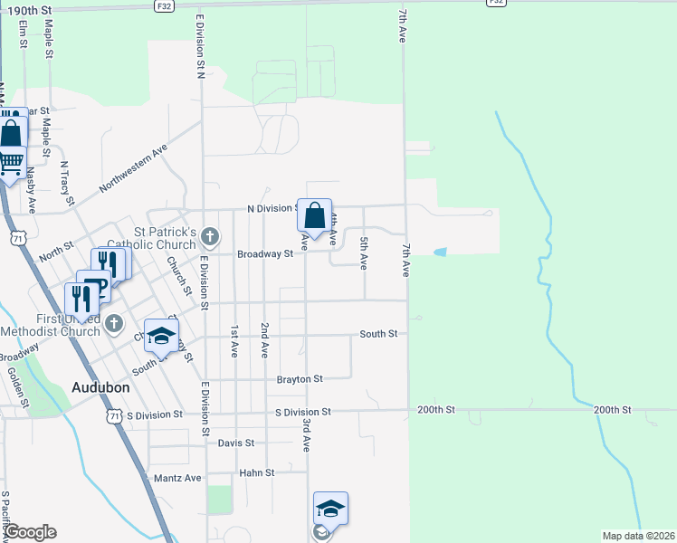 map of restaurants, bars, coffee shops, grocery stores, and more near 1104 Ridgeway Drive in Audubon