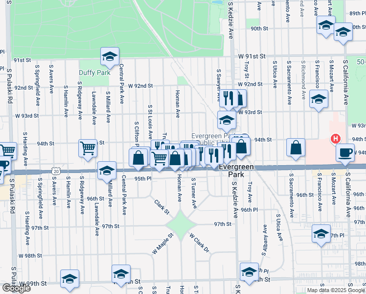 map of restaurants, bars, coffee shops, grocery stores, and more near 9345 South Homan Avenue in Evergreen Park