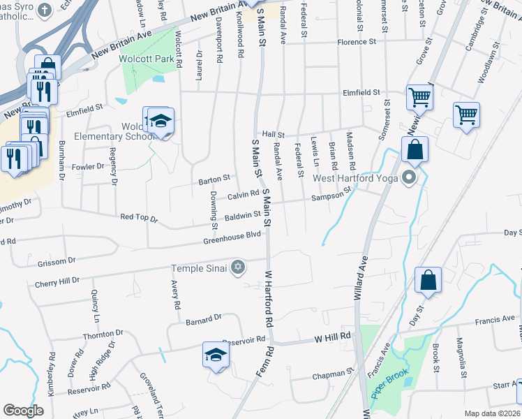 map of restaurants, bars, coffee shops, grocery stores, and more near 11 Calvin Road in West Hartford