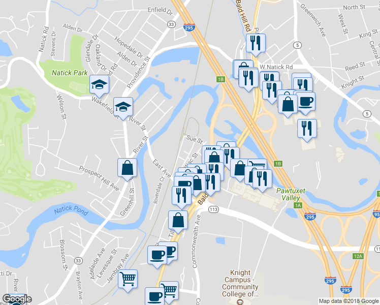 map of restaurants, bars, coffee shops, grocery stores, and more near 42 West Pontiac Street in Warwick