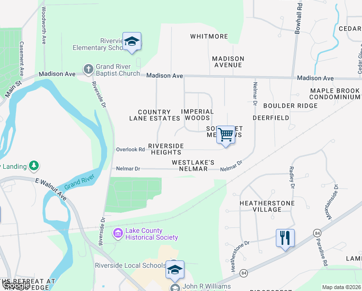 map of restaurants, bars, coffee shops, grocery stores, and more near 123 Overlook Road in Painesville