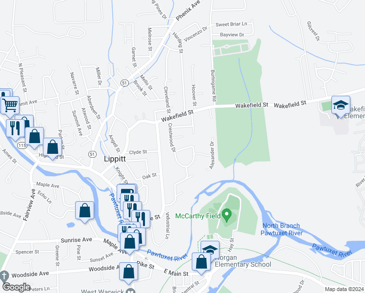 map of restaurants, bars, coffee shops, grocery stores, and more near 16 Saddlebrook Drive in West Warwick