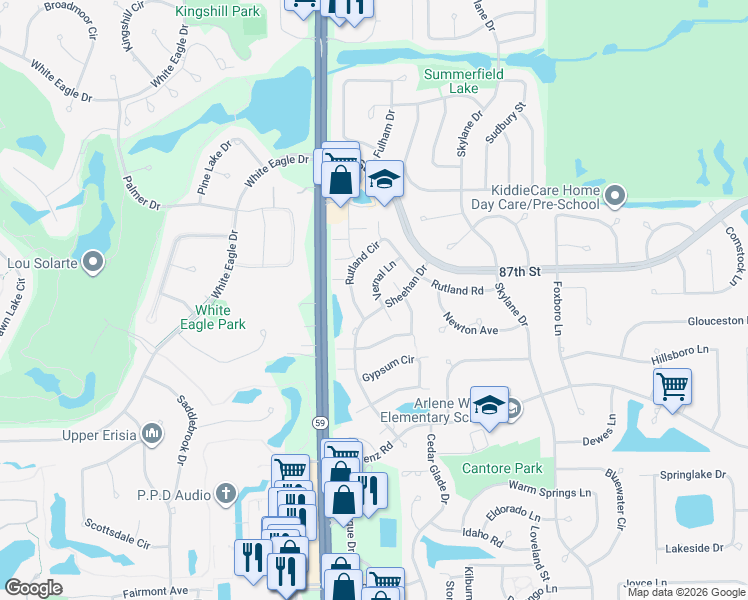 map of restaurants, bars, coffee shops, grocery stores, and more near 2934 Rutland Circle in Naperville