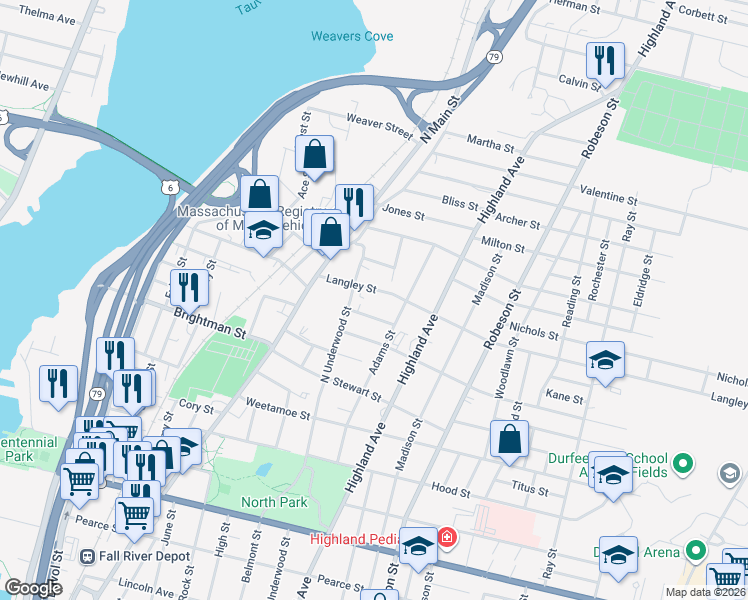 map of restaurants, bars, coffee shops, grocery stores, and more near 115 Langley Street in Fall River