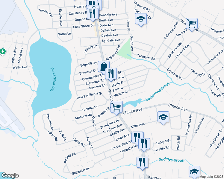map of restaurants, bars, coffee shops, grocery stores, and more near 1979 Warwick Avenue in Warwick